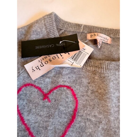 NWT Philosophy Sz S 100% Cashmere Gray Sweater With Pink Heart Design - Picture 2 of 12